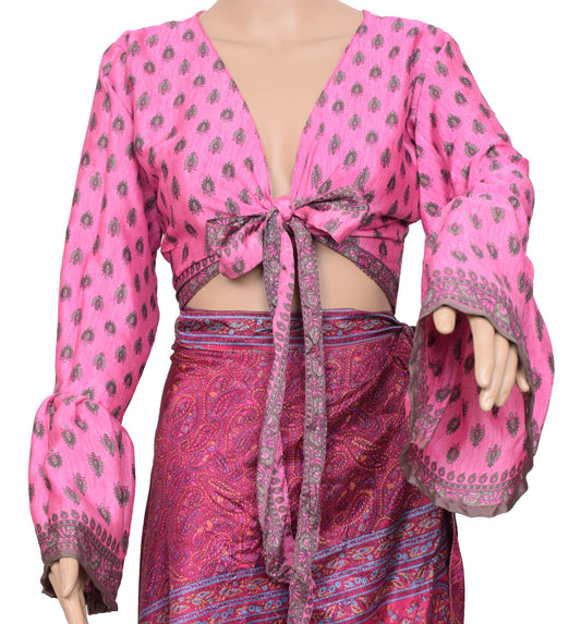 Sushila Vintage Bell Sleeve Top Bohemian NEW Recycled Silk Saree 70,s Retro Pink