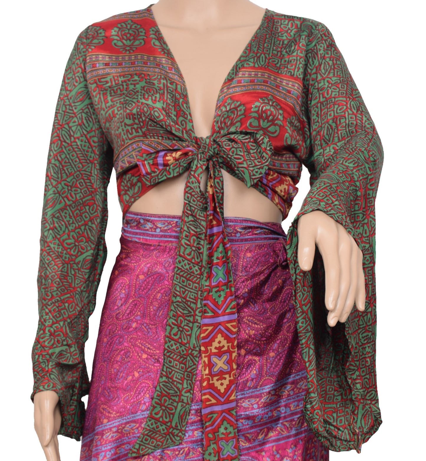 Sushila Vintage Bell Sleeve Top Bohemian NEW Recycled Silk Saree 70,s Retro Red
