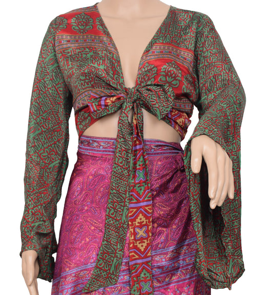 Sushila Vintage Bell Sleeve Top Bohemian NEW Recycled Silk Saree 70,s Retro Red