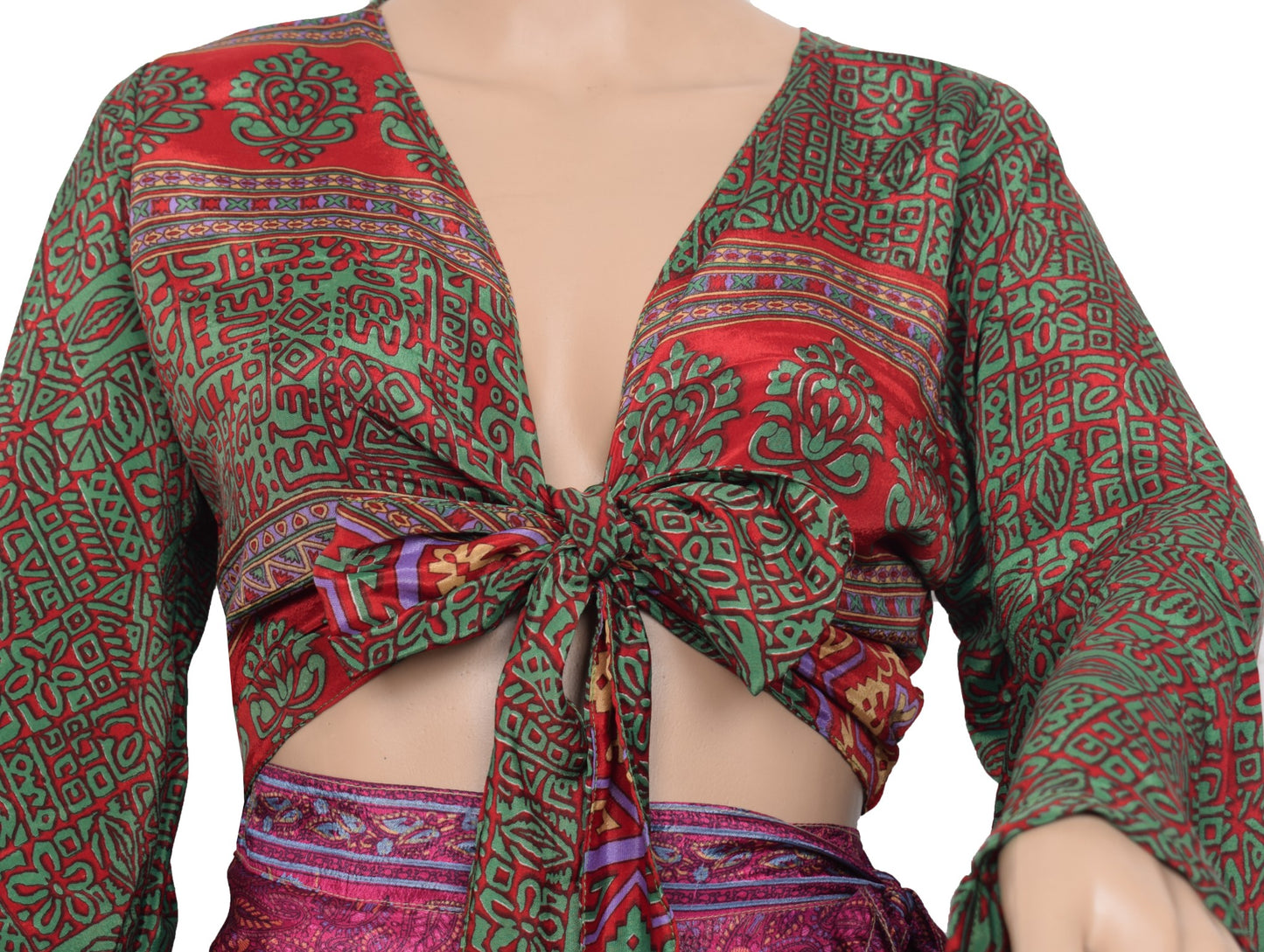 Sushila Vintage Bell Sleeve Top Bohemian NEW Recycled Silk Saree 70,s Retro Red