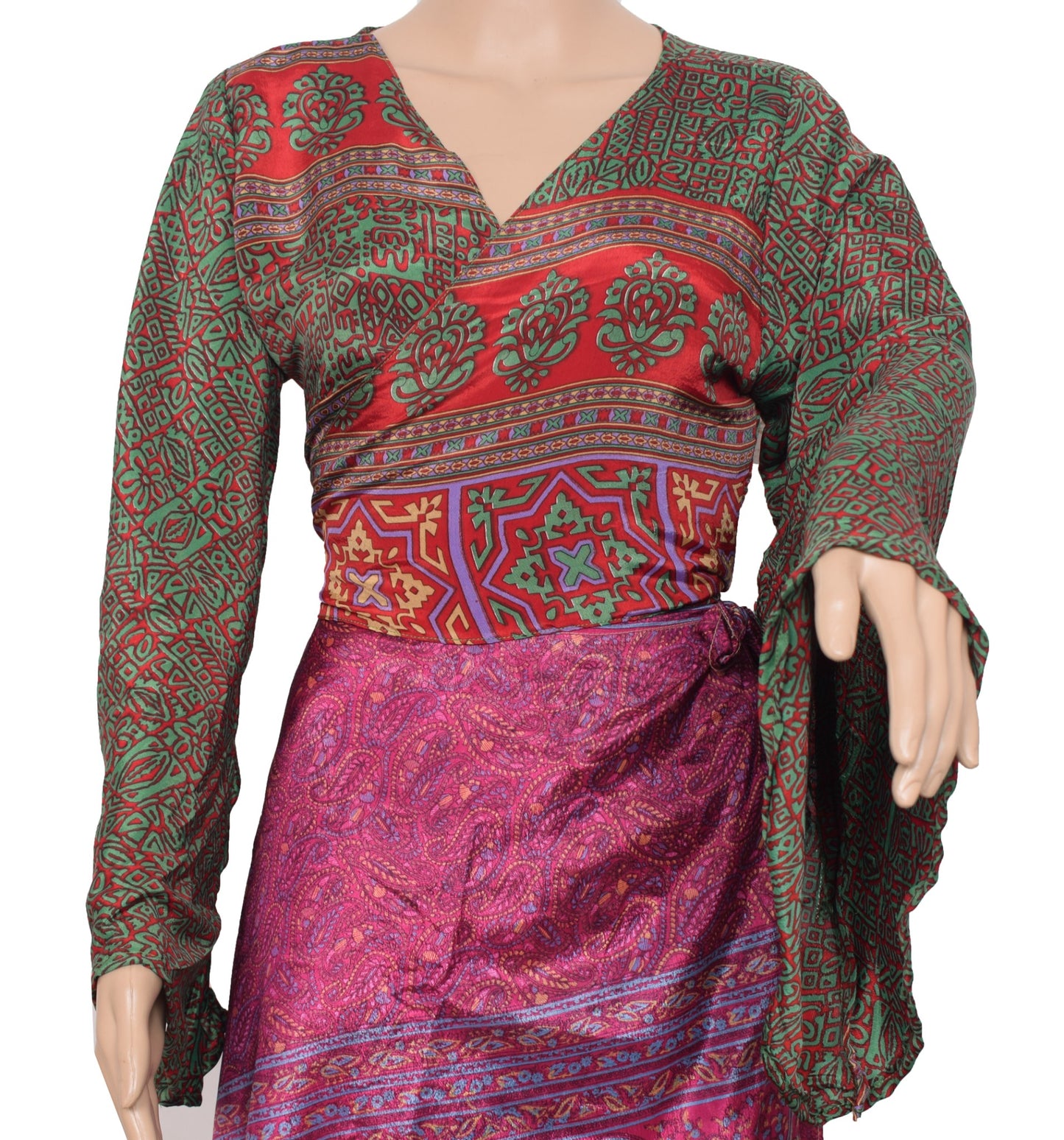 Sushila Vintage Bell Sleeve Top Bohemian NEW Recycled Silk Saree 70,s Retro Red