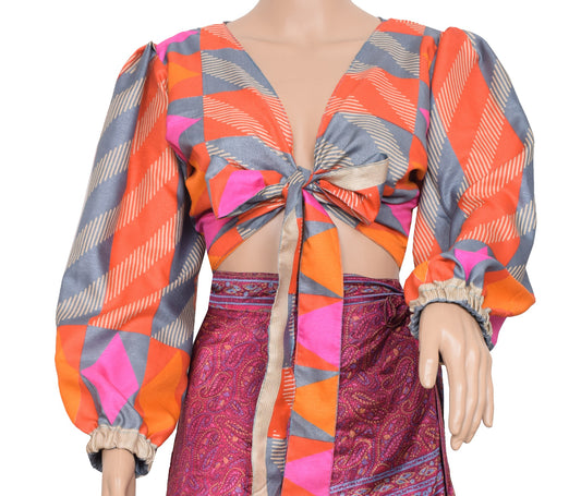 Sushila Vintage Balloon Sleeve Bohemian NEW Silk Saree Top 70,s Retro Multi-Colo