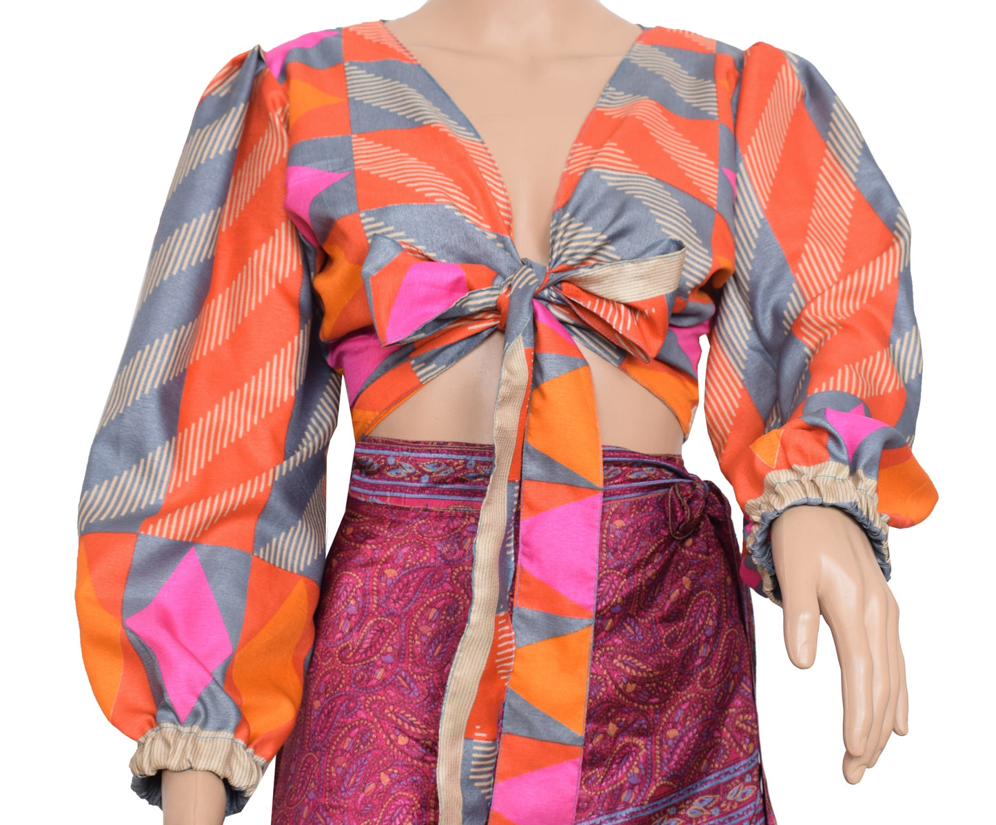 Sushila Vintage Balloon Sleeve Bohemian NEW Silk Saree Top 70,s Retro Multi-Colo
