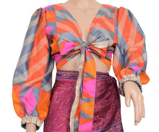 Sushila Vintage Balloon Sleeve Bohemian NEW Silk Saree Top 70,s Retro Multi-Colo
