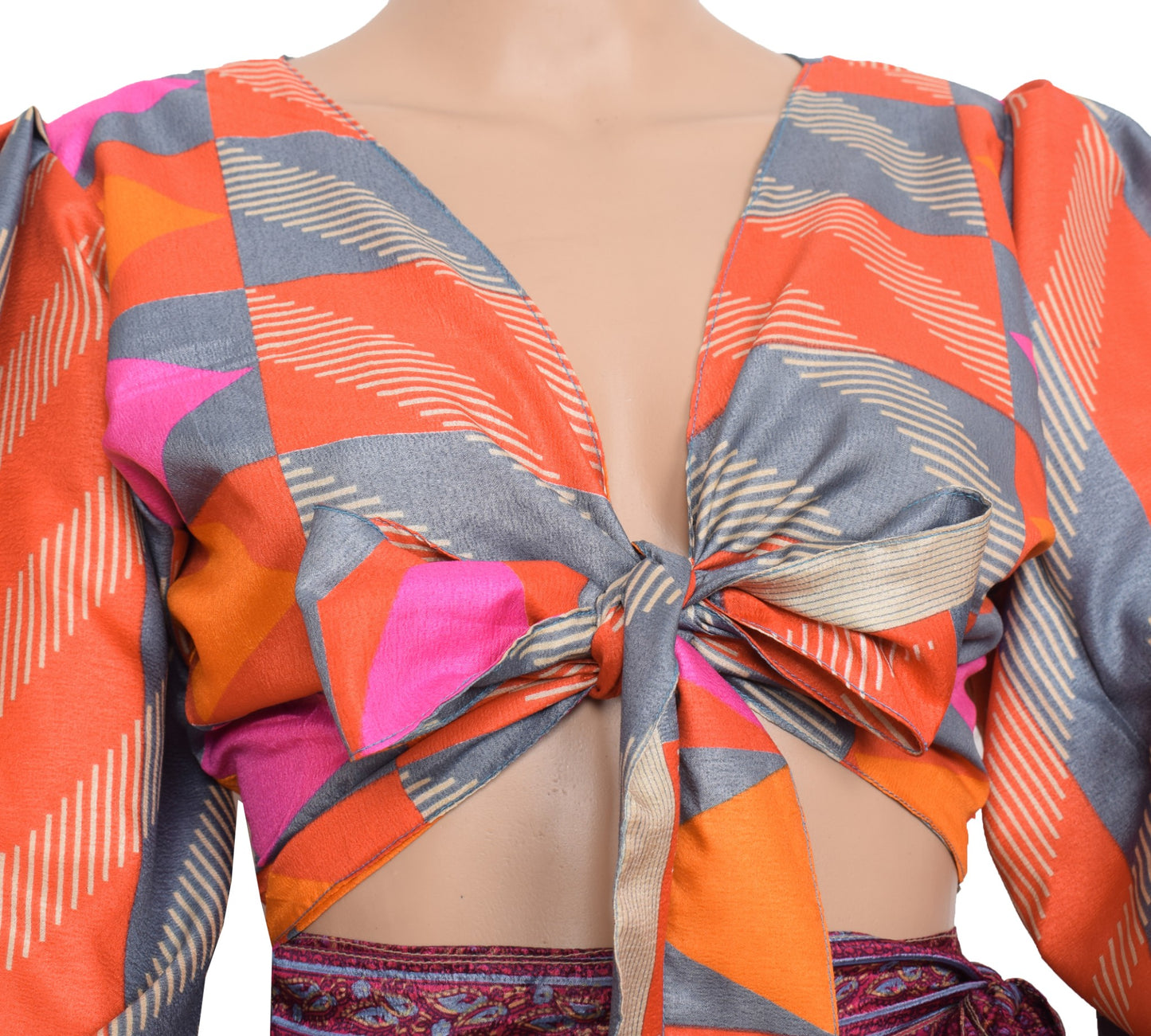 Sushila Vintage Balloon Sleeve Bohemian NEW Silk Saree Top 70,s Retro Multi-Colo