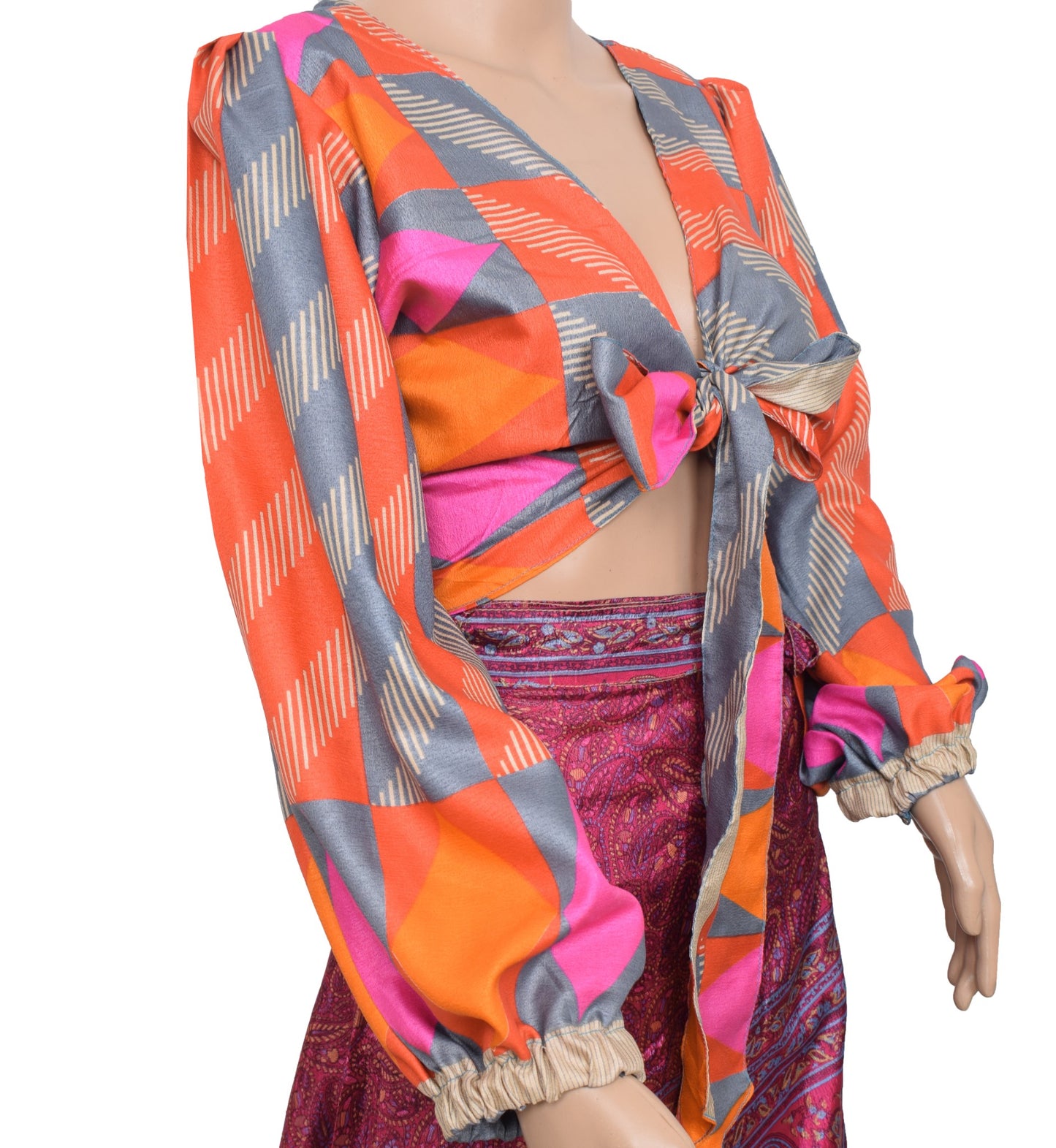 Sushila Vintage Balloon Sleeve Bohemian NEW Silk Saree Top 70,s Retro Multi-Colo