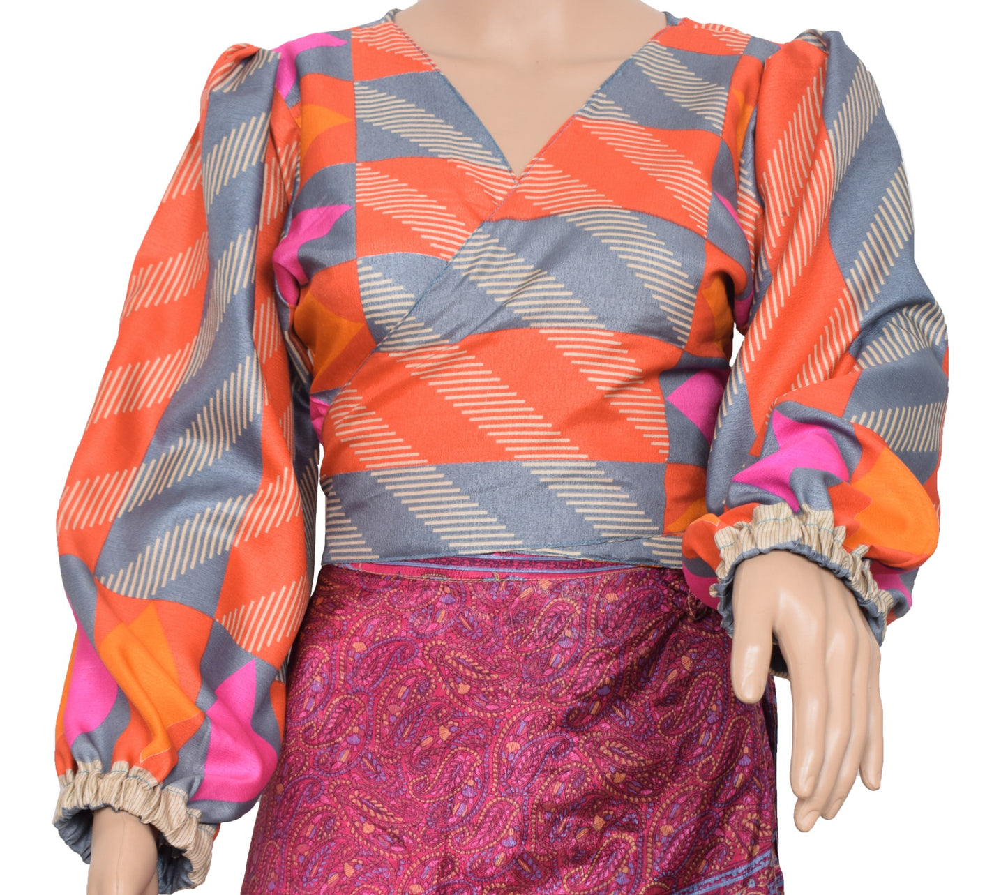 Sushila Vintage Balloon Sleeve Bohemian NEW Silk Saree Top 70,s Retro Multi-Colo