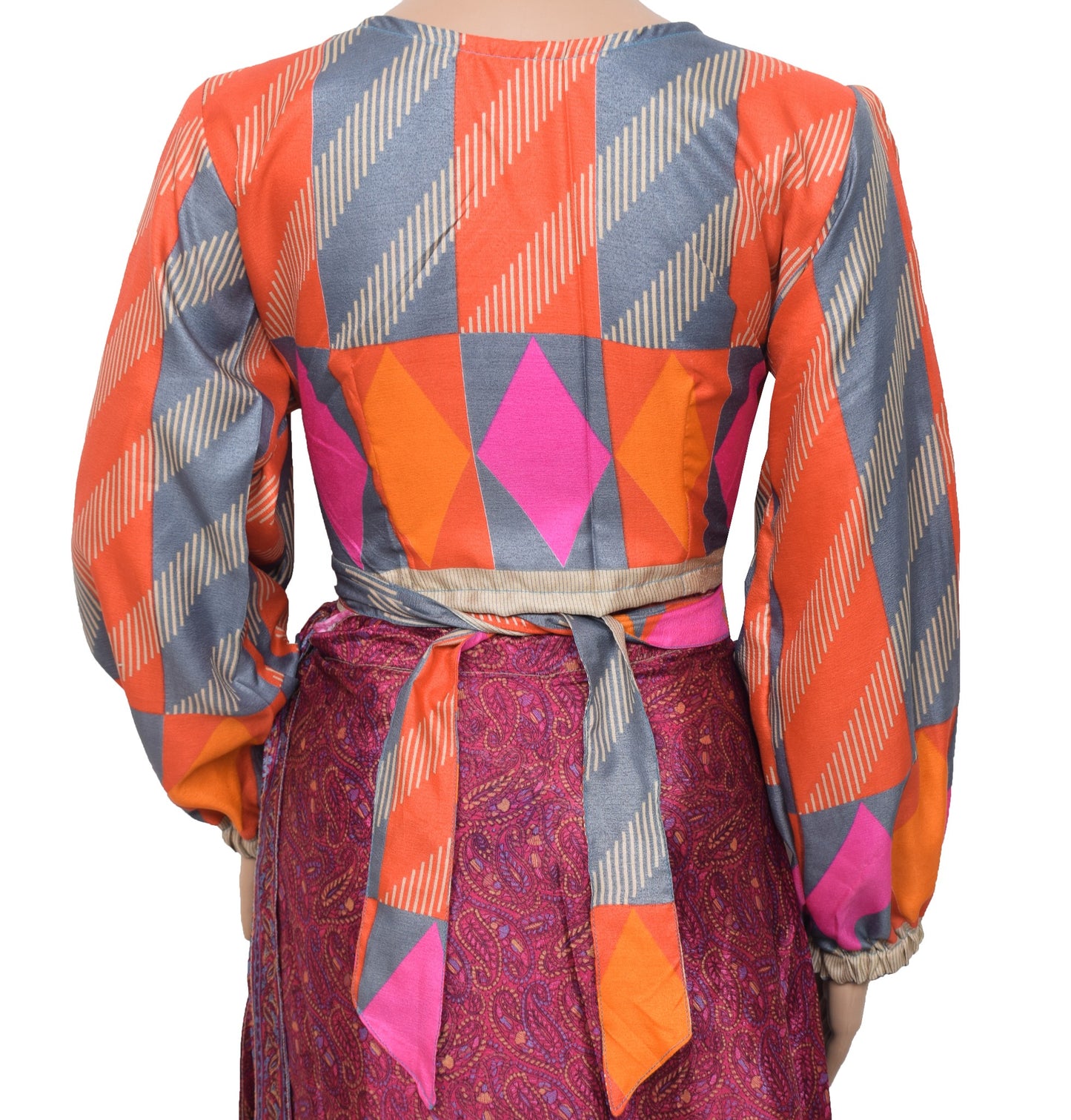 Sushila Vintage Balloon Sleeve Bohemian NEW Silk Saree Top 70,s Retro Multi-Colo