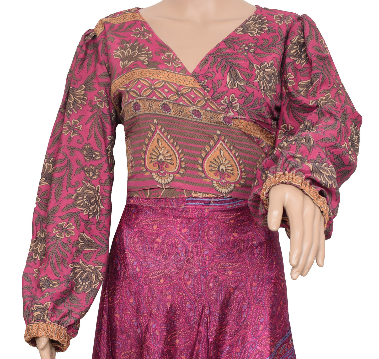 Sushila Vintage Balloon Sleeve Top Bohemian NEW Recycle Silk Saree 70,s Retro