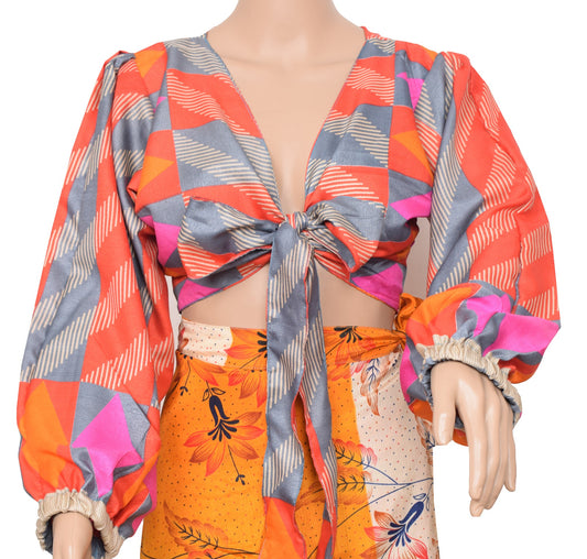 Sushila Vintage Balloon Sleeve Top MultiColor Bohemian NEW Silk Saree 70,sRetro