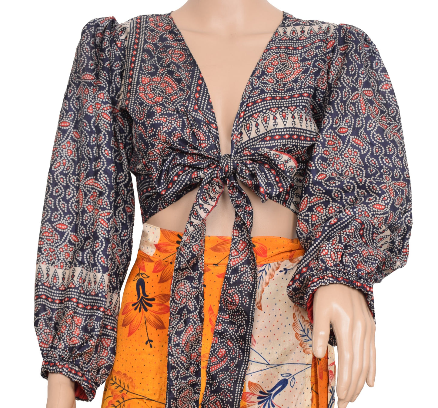 Sushila Vintage Balloon Sleeve Top Bohemian NEW Silk Saree 70,s Retro Dress Blue