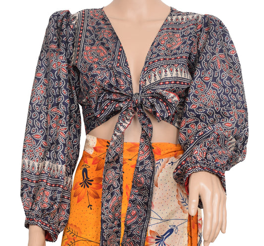 Sushila Vintage Balloon Sleeve Top Bohemian NEW Silk Saree 70,s Retro Dress Blue