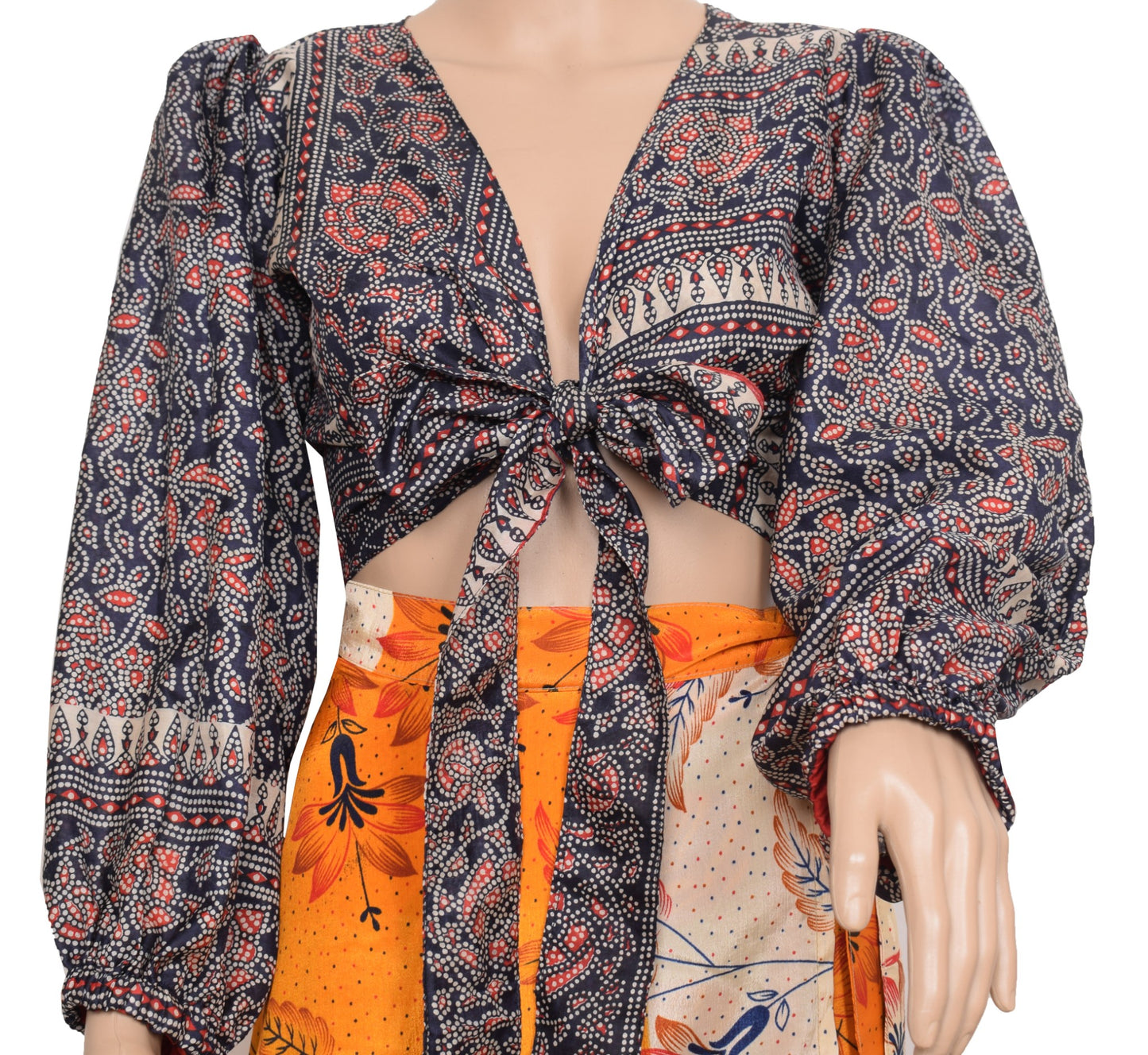 Sushila Vintage Balloon Sleeve Top Bohemian NEW Silk Saree 70,s Retro Dress Blue