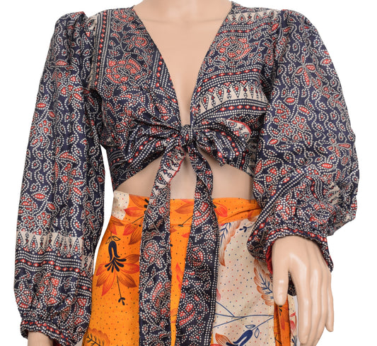 Sushila Vintage Balloon Sleeve Top Bohemian NEW Silk Saree 70,s Retro Dress Blue