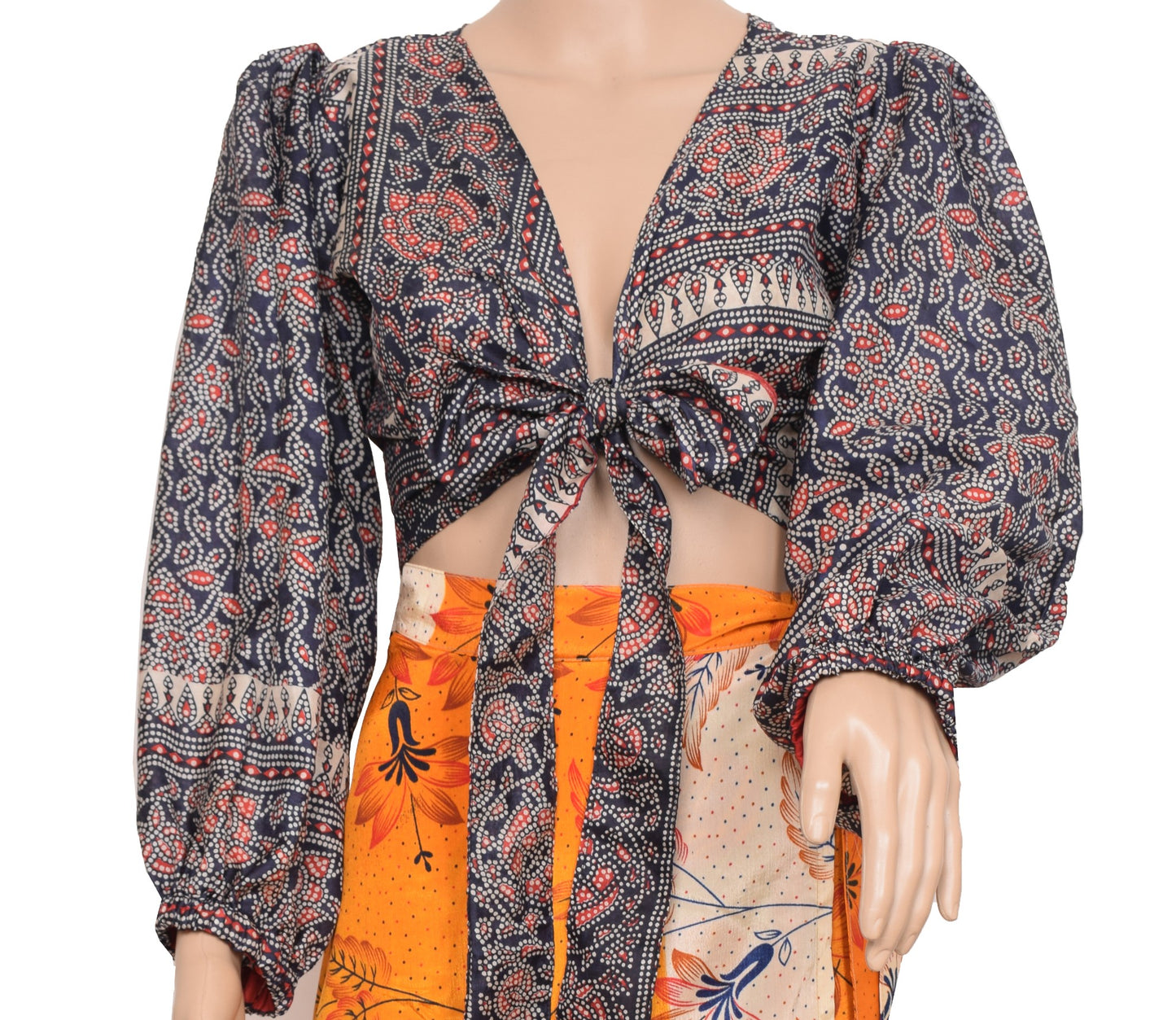 Sushila Vintage Balloon Sleeve Top Bohemian NEW Silk Saree 70,s Retro Dress Blue