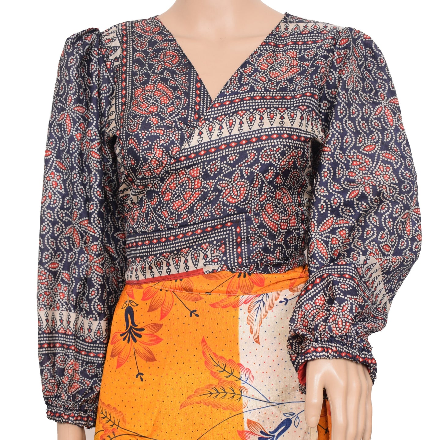 Sushila Vintage Balloon Sleeve Top Bohemian NEW Silk Saree 70,s Retro Dress Blue