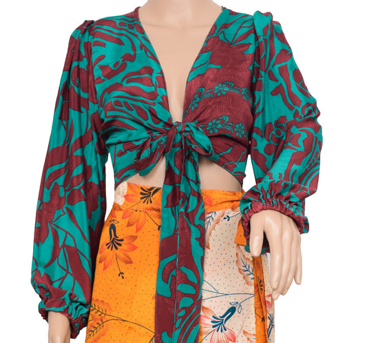 Sushila Vintage Balloon Sleeve Bohemian NEW Maroon Silk Saree Top 70,s Retro