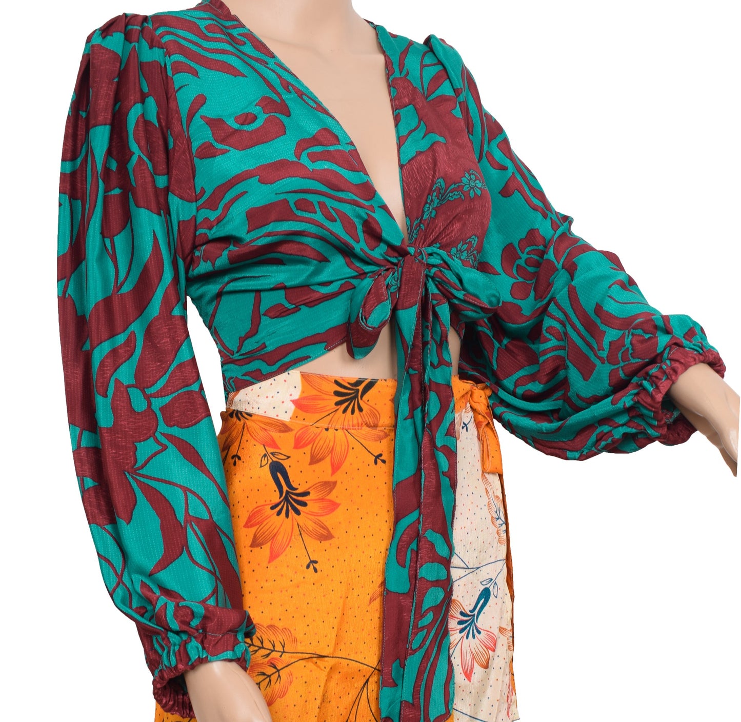 Sushila Vintage Balloon Sleeve Bohemian NEW Maroon Silk Saree Top 70,s Retro