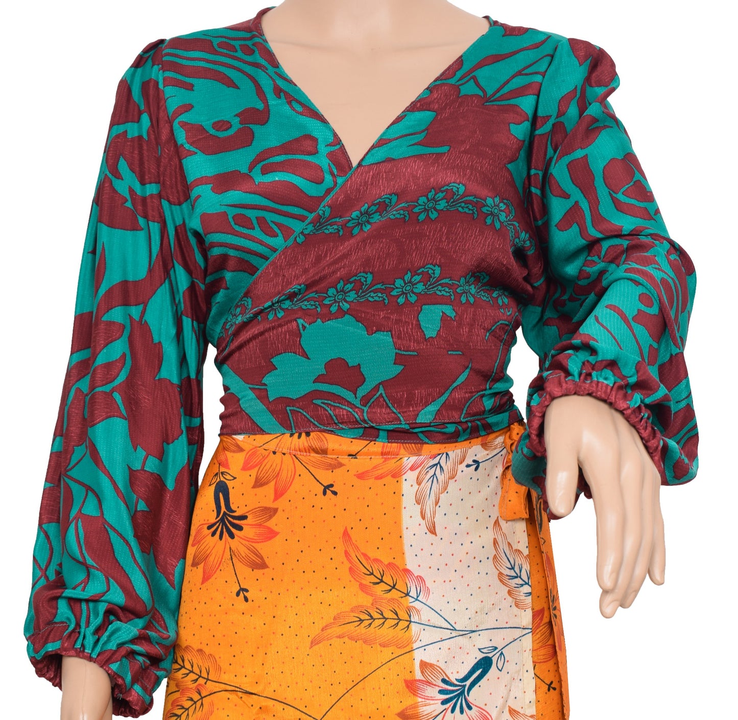 Sushila Vintage Balloon Sleeve Bohemian NEW Maroon Silk Saree Top 70,s Retro