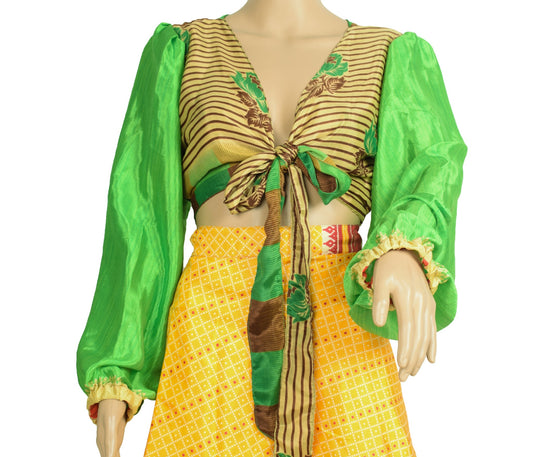 Sushila Vintage Balloon Sleeve Bohemian NEW Recycled Silk Saree Top Retro Green