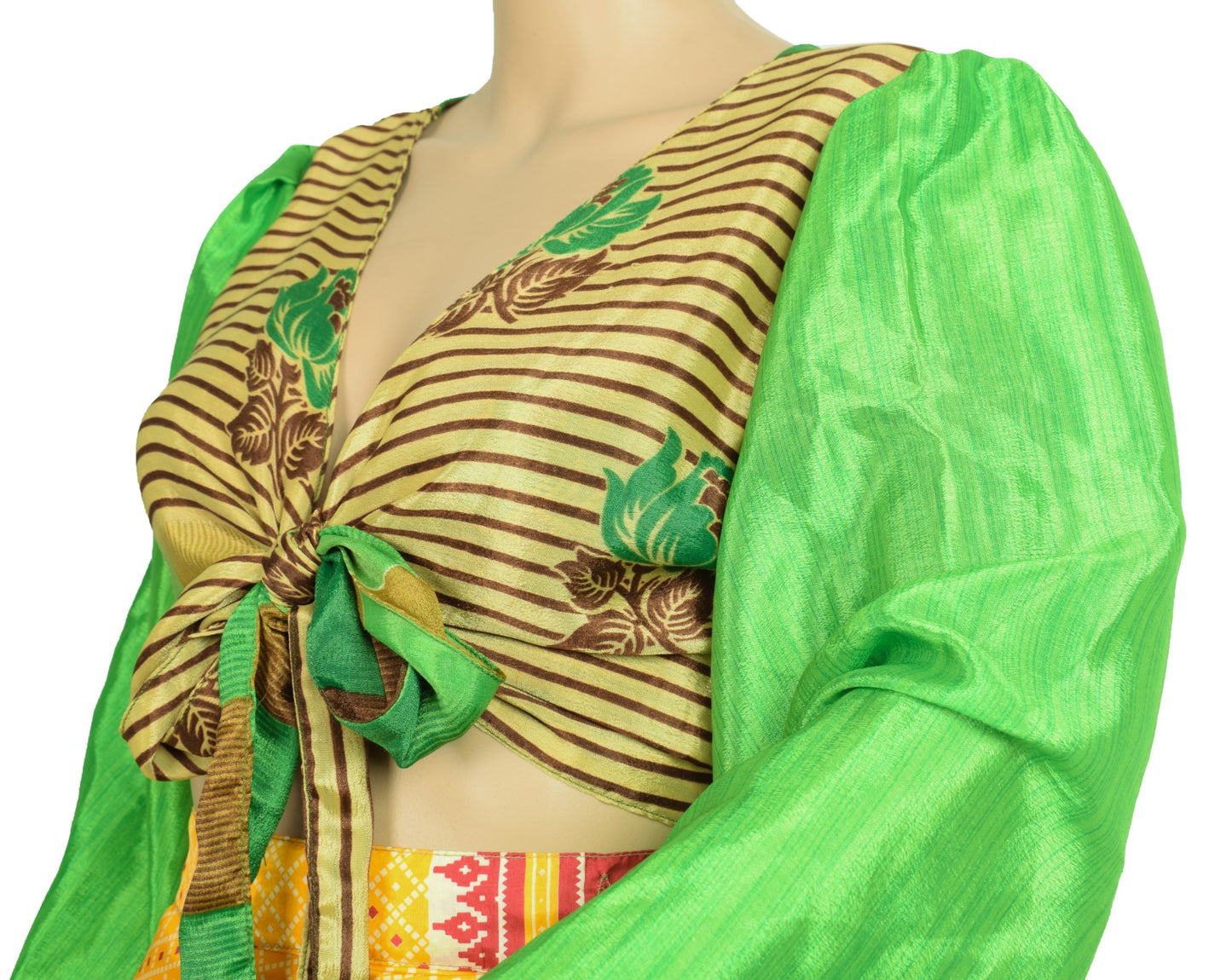 Sushila Vintage Balloon Sleeve Bohemian NEW Recycled Silk Saree Top Retro Green