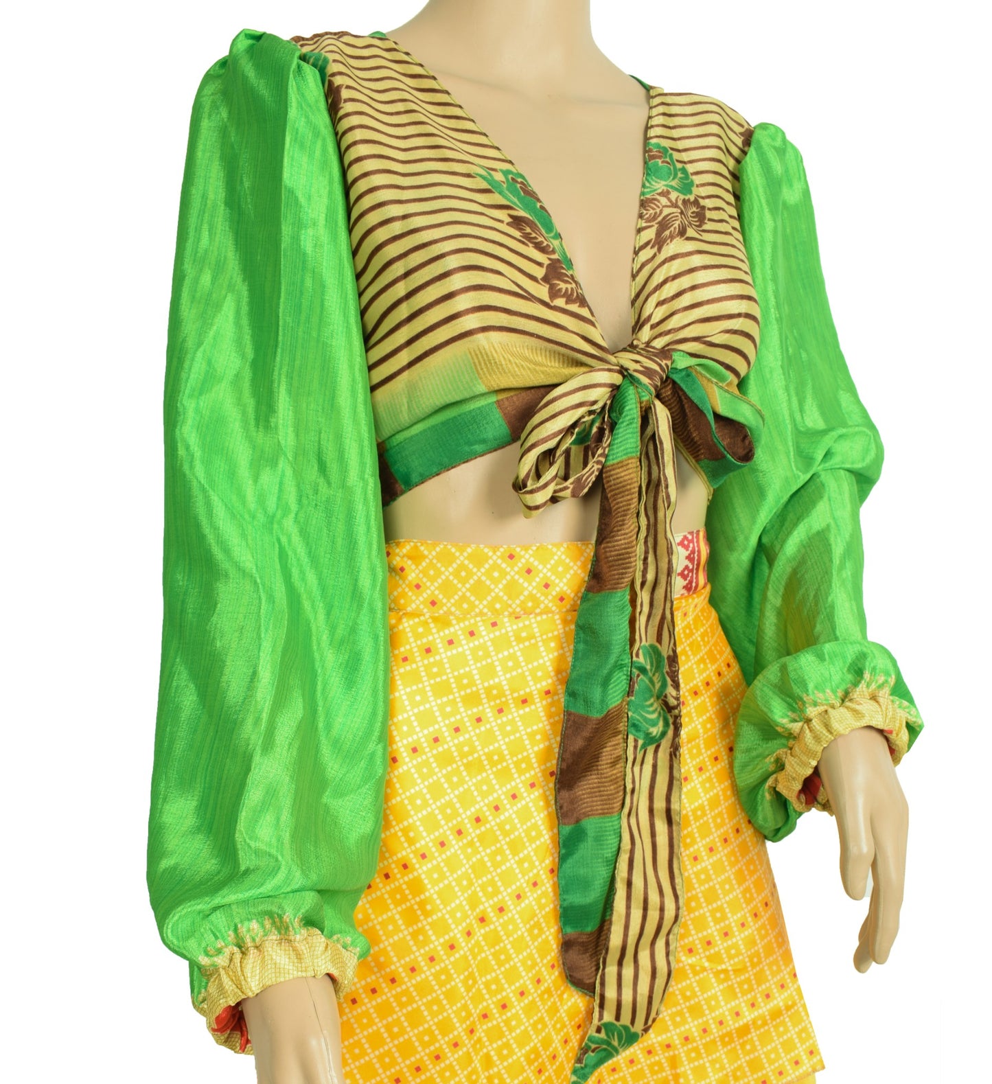Sushila Vintage Balloon Sleeve Bohemian NEW Recycled Silk Saree Top Retro Green
