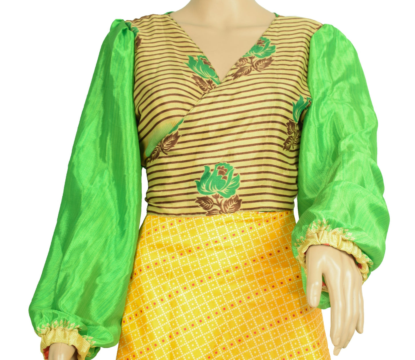 Sushila Vintage Balloon Sleeve Bohemian NEW Recycled Silk Saree Top Retro Green
