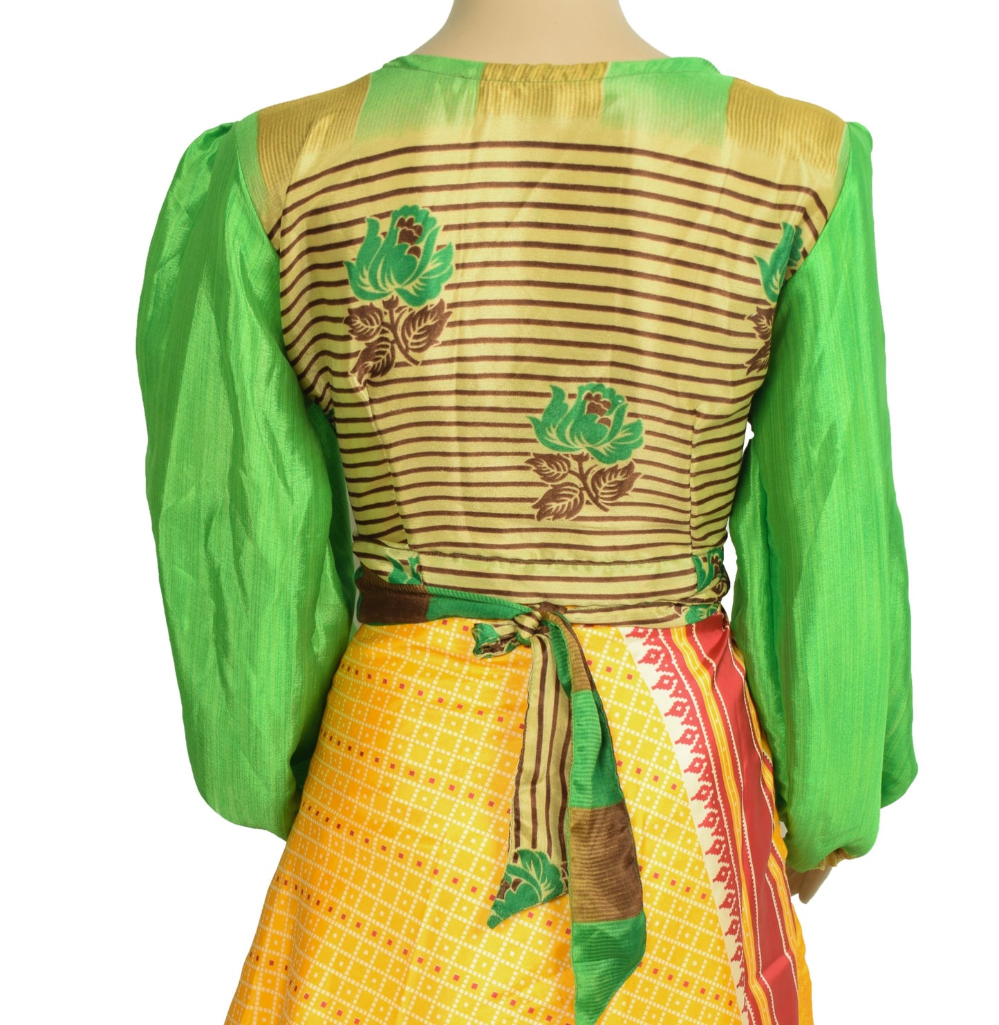Sushila Vintage Balloon Sleeve Bohemian NEW Recycled Silk Saree Top Retro Green