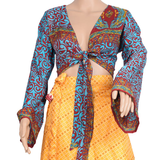 Sushila Vintage Bell Sleeve Bohemian NEW Recycled Silk Saree Top 70,s Retro Blue