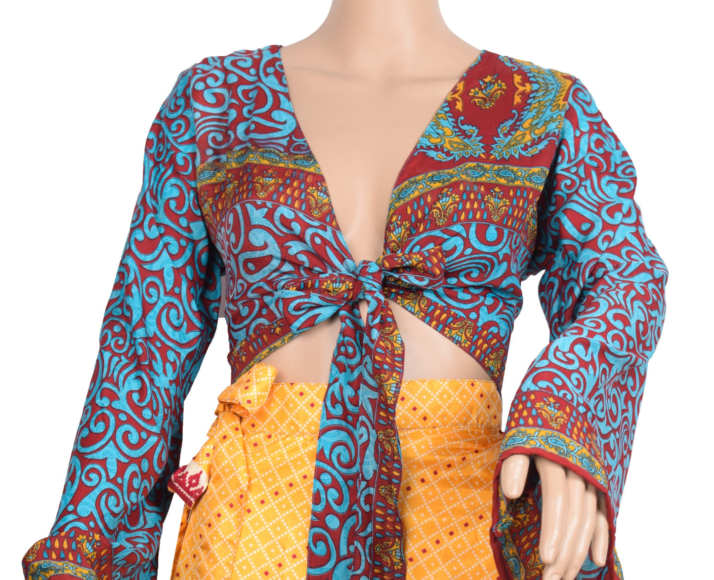 Sushila Vintage Bell Sleeve Bohemian NEW Recycled Silk Saree Top 70,s Retro Blue