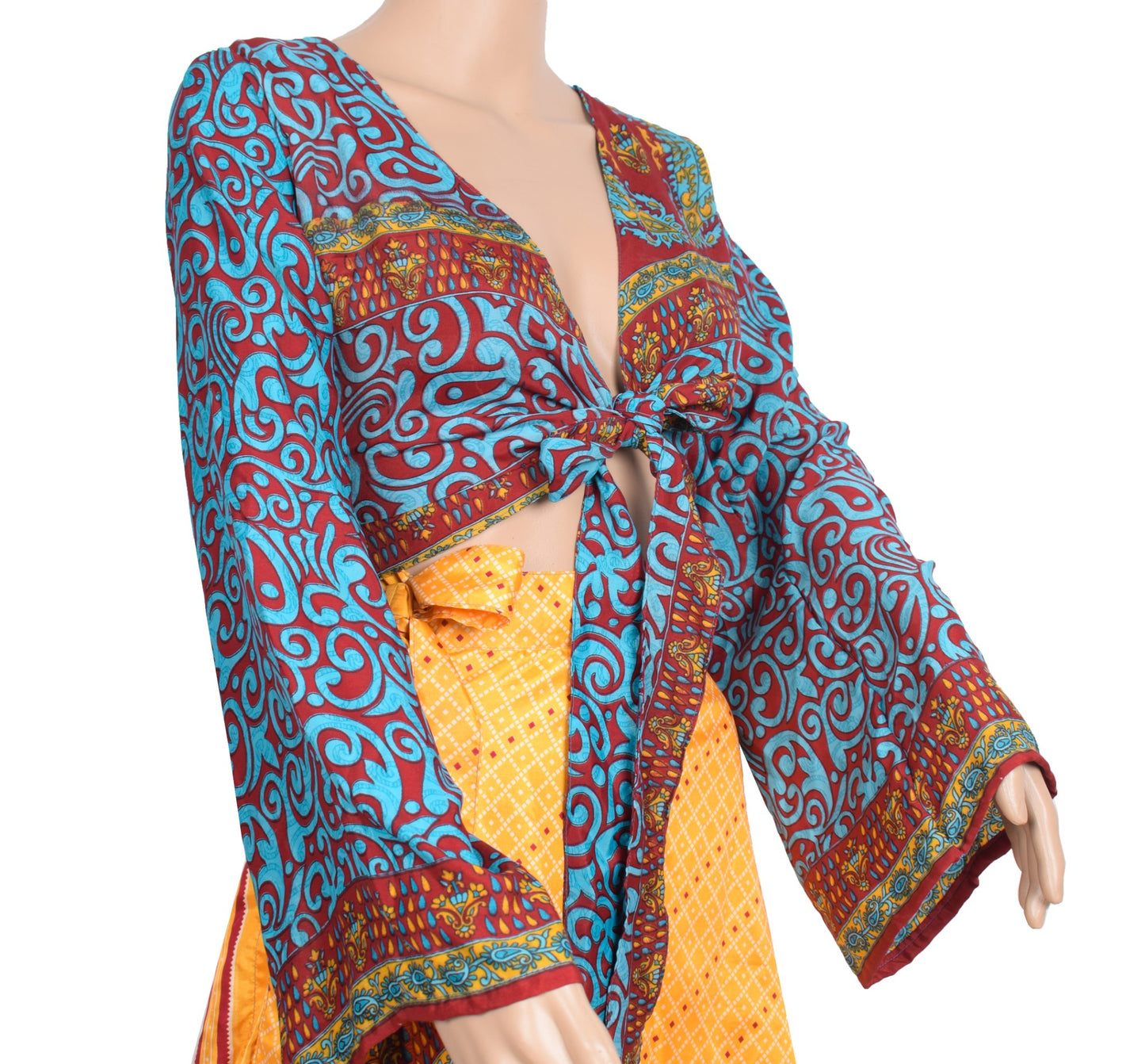 Sushila Vintage Bell Sleeve Bohemian NEW Recycled Silk Saree Top 70,s Retro Blue
