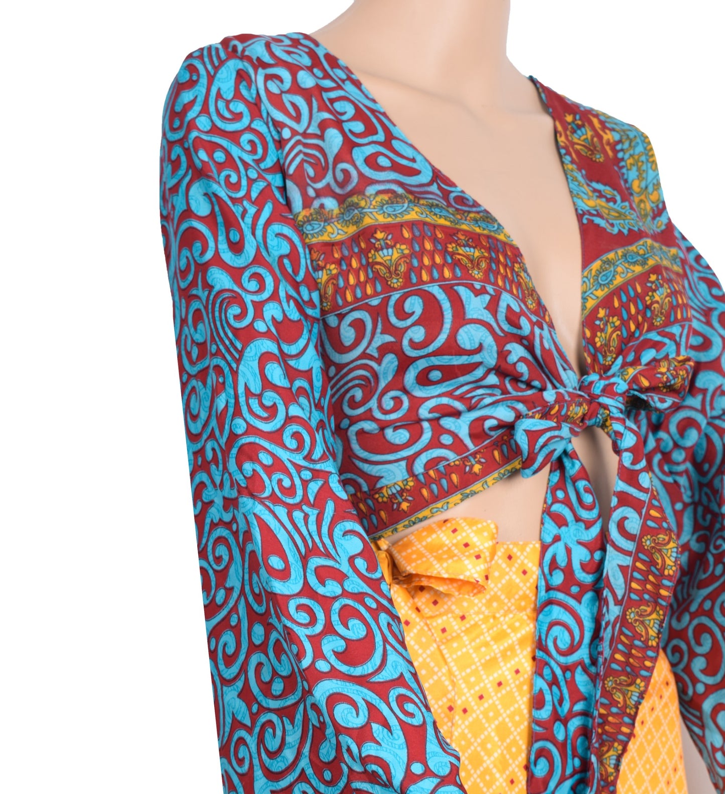 Sushila Vintage Bell Sleeve Bohemian NEW Recycled Silk Saree Top 70,s Retro Blue