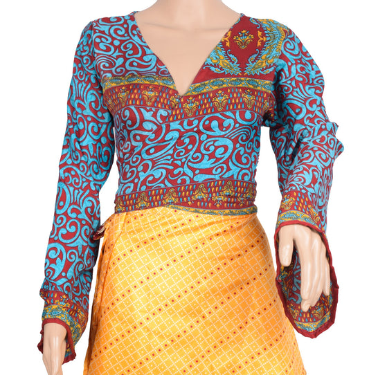 Sushila Vintage Bell Sleeve Bohemian NEW Recycled Silk Saree Top 70,s Retro Blue