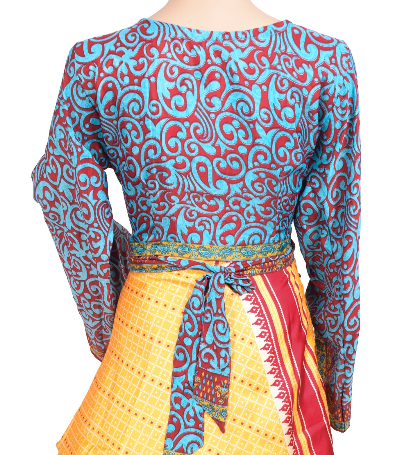 Sushila Vintage Bell Sleeve Bohemian NEW Recycled Silk Saree Top 70,s Retro Blue