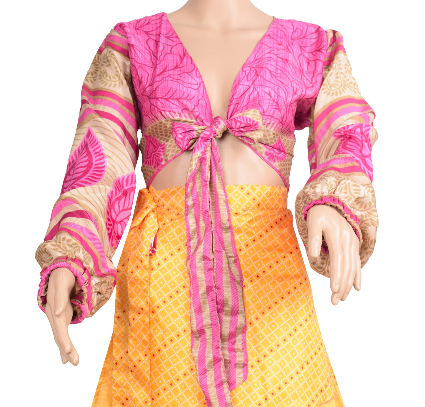 Sushila Vintage Balloon Sleeve Bohemian NEW Recycled Silk Saree Top Pink Retro