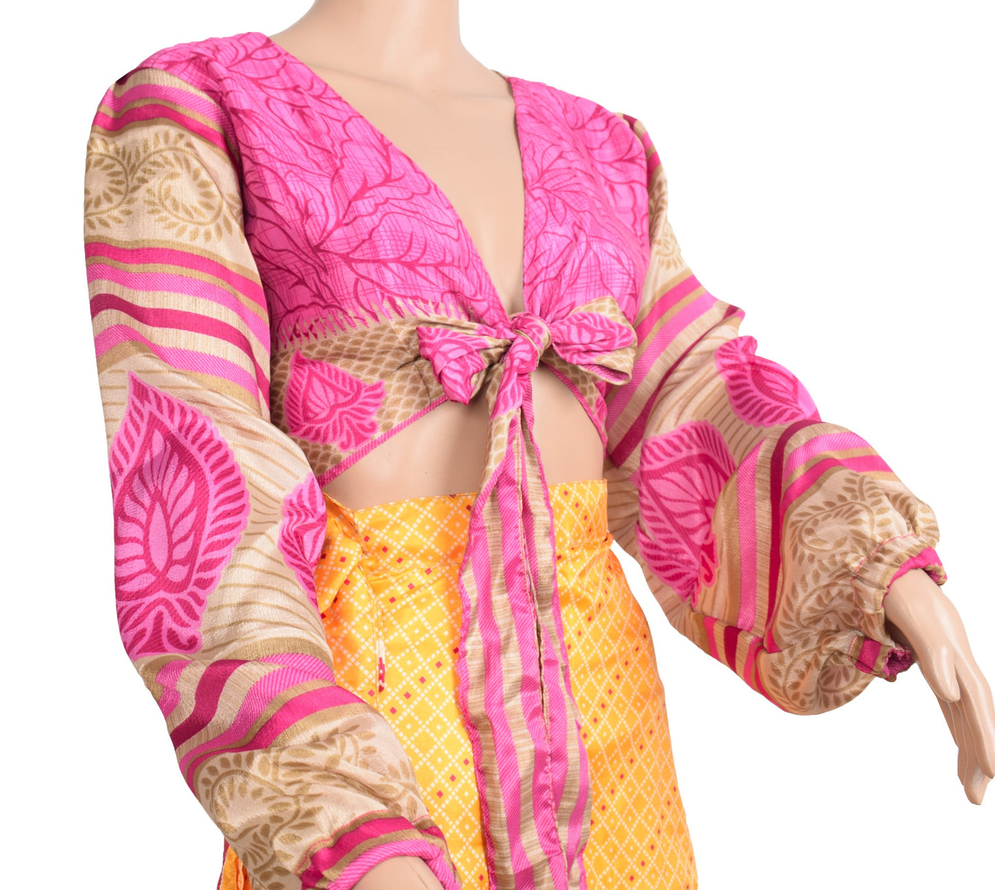 Sushila Vintage Balloon Sleeve Bohemian NEW Recycled Silk Saree Top Pink Retro
