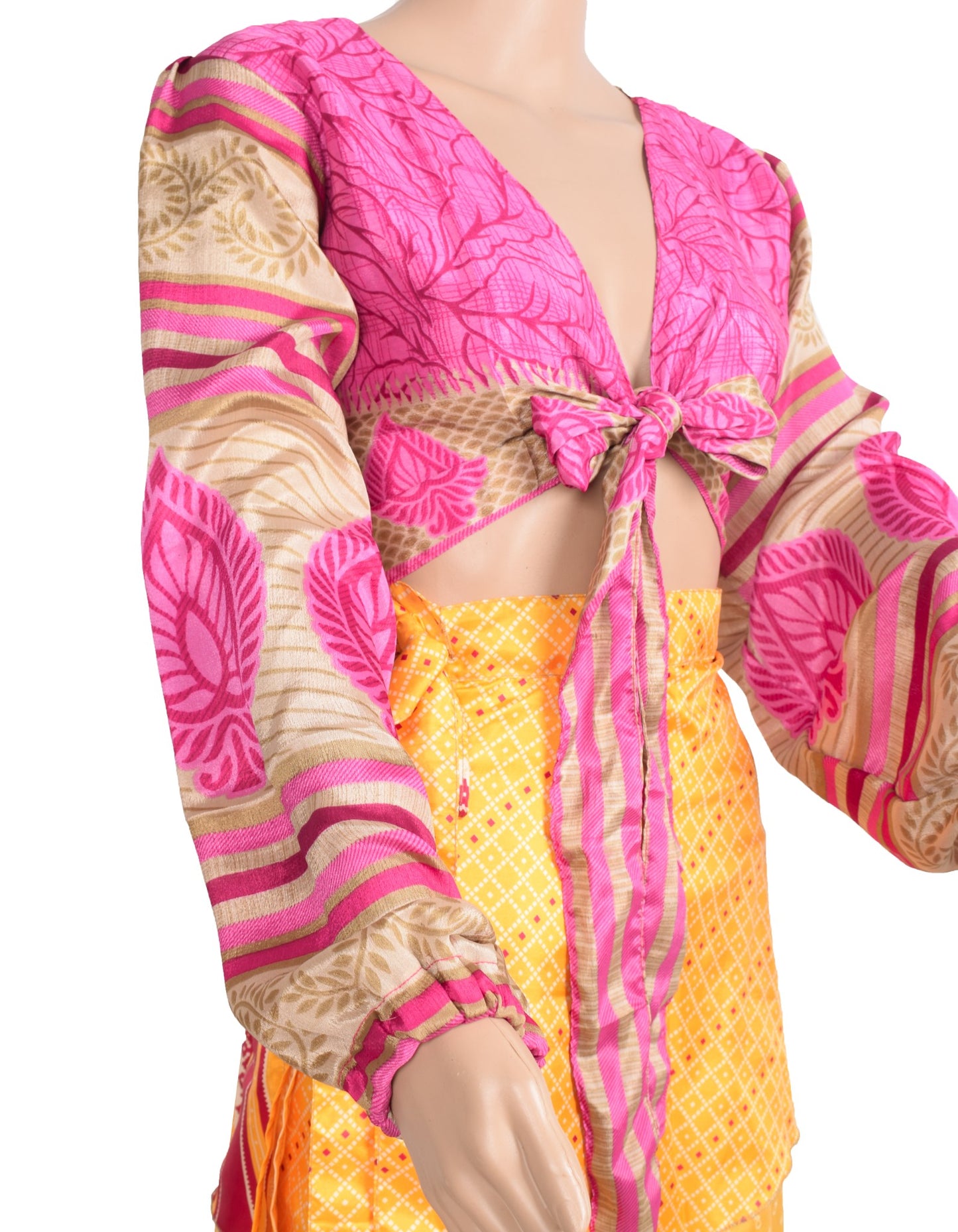 Sushila Vintage Balloon Sleeve Bohemian NEW Recycled Silk Saree Top Pink Retro