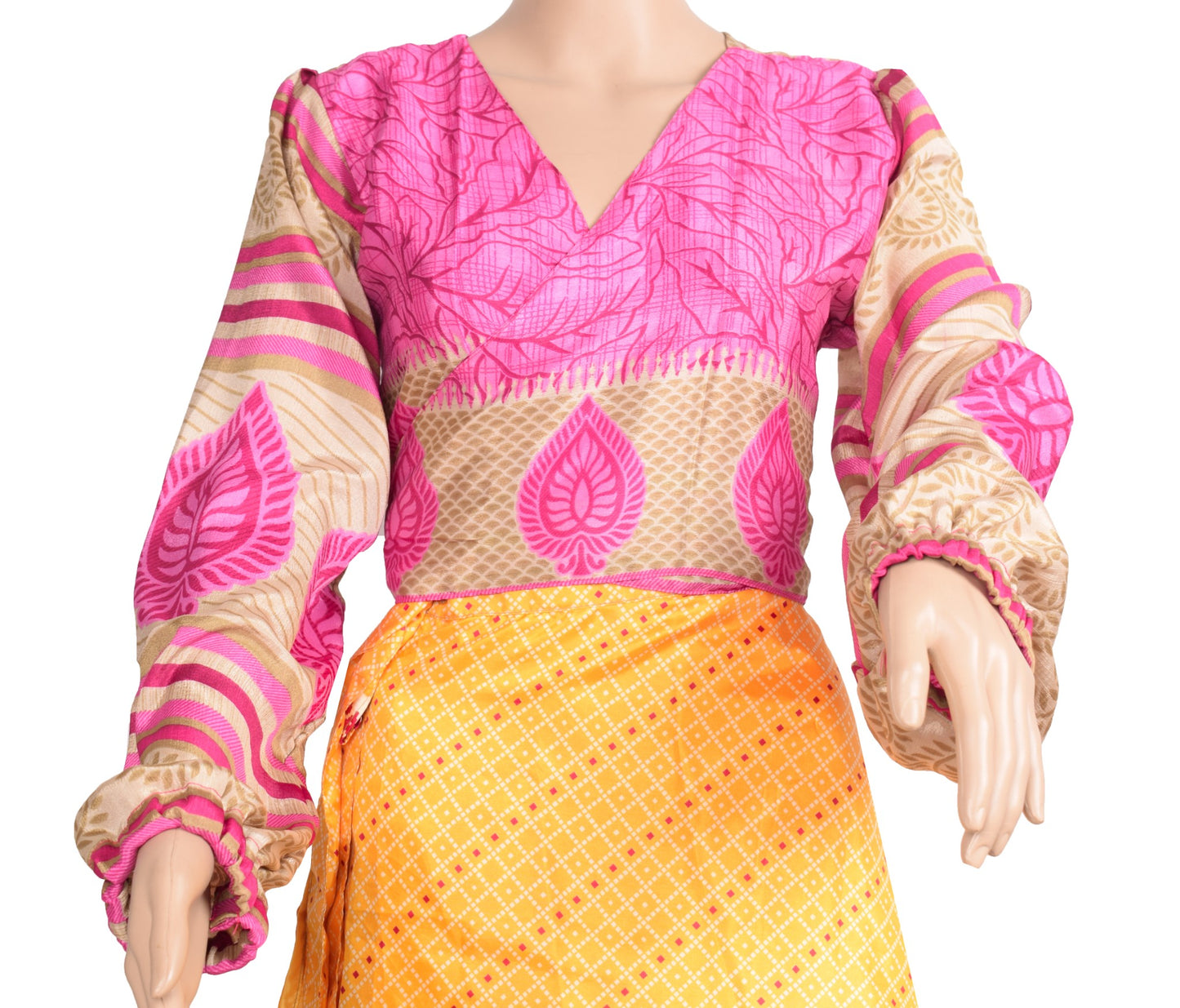 Sushila Vintage Balloon Sleeve Bohemian NEW Recycled Silk Saree Top Pink Retro