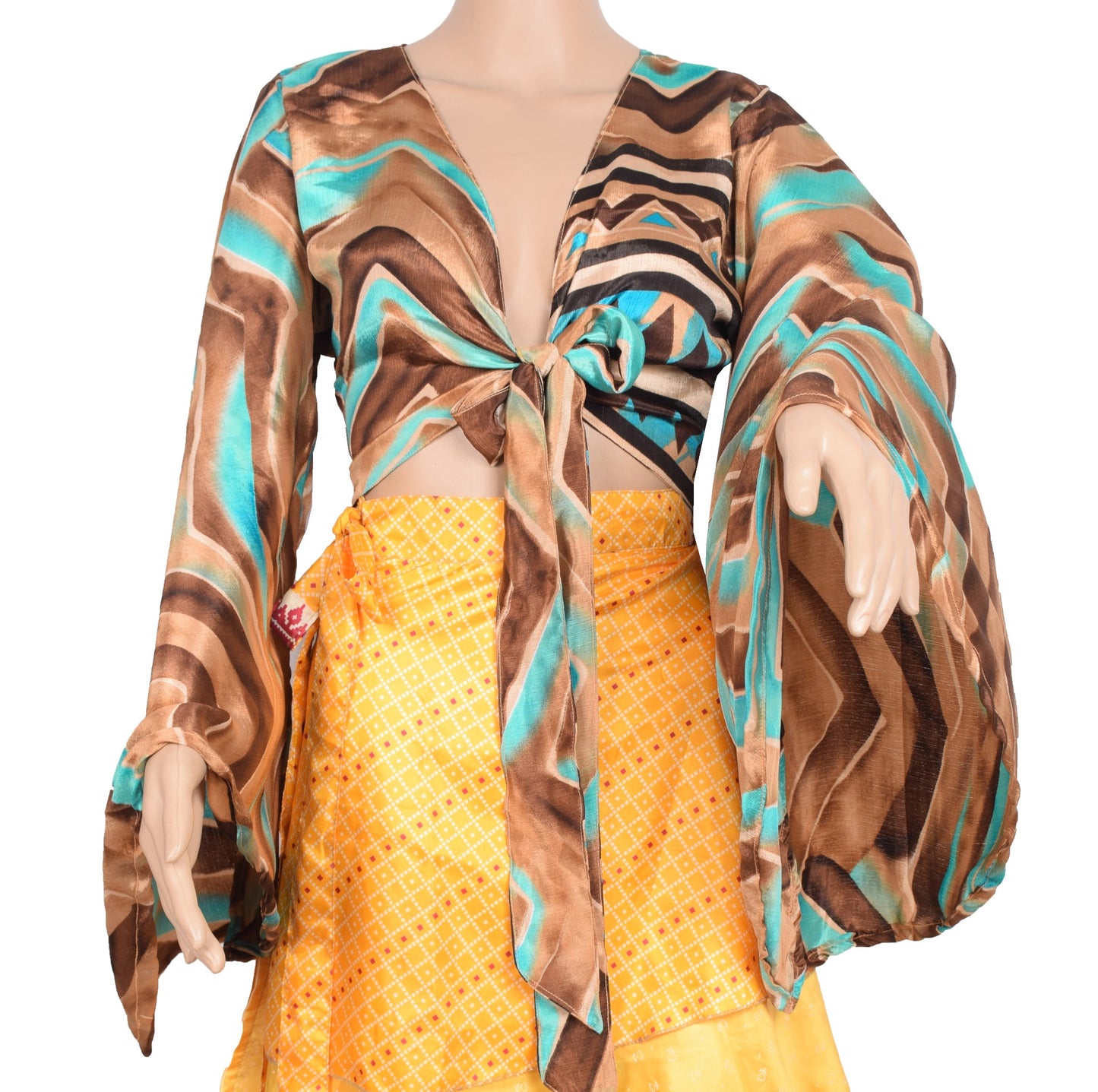 Sushila Vintage Bell Sleeve Bohemian NEW Recycled Silk Saree Top 70,s Retro