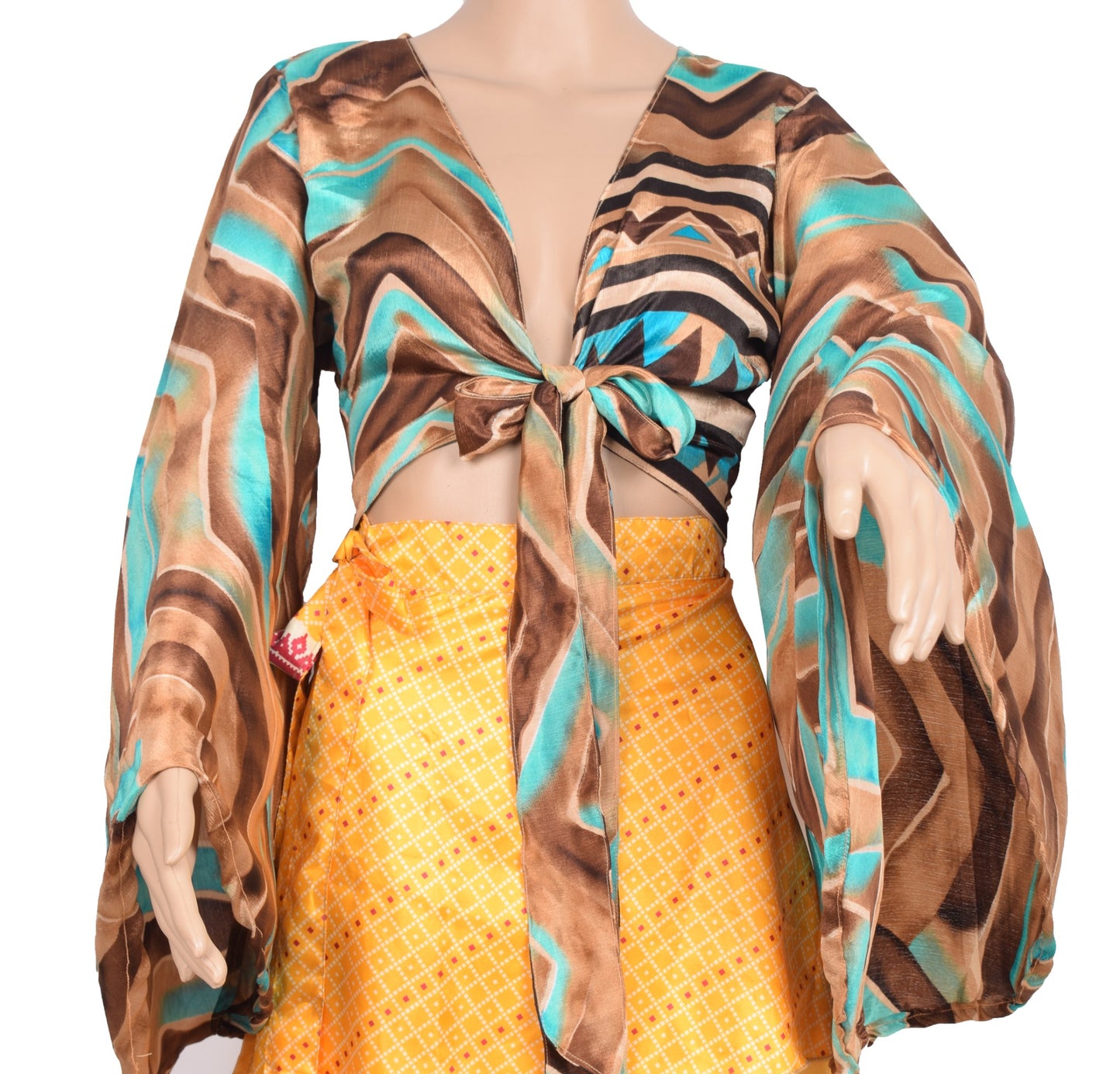 Sushila Vintage Bell Sleeve Bohemian NEW Recycled Silk Saree Top 70,s Retro