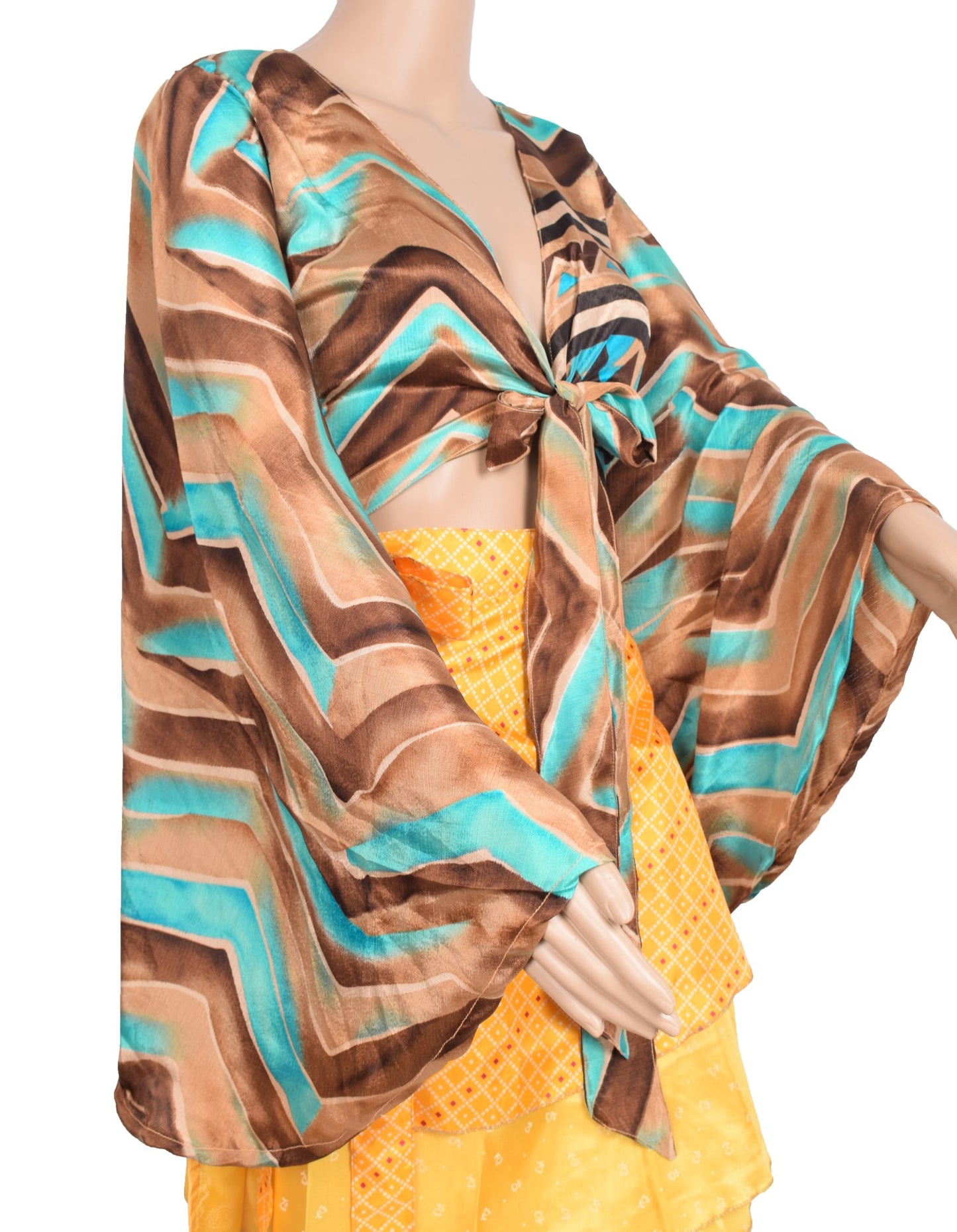 Sushila Vintage Bell Sleeve Bohemian NEW Recycled Silk Saree Top 70,s Retro
