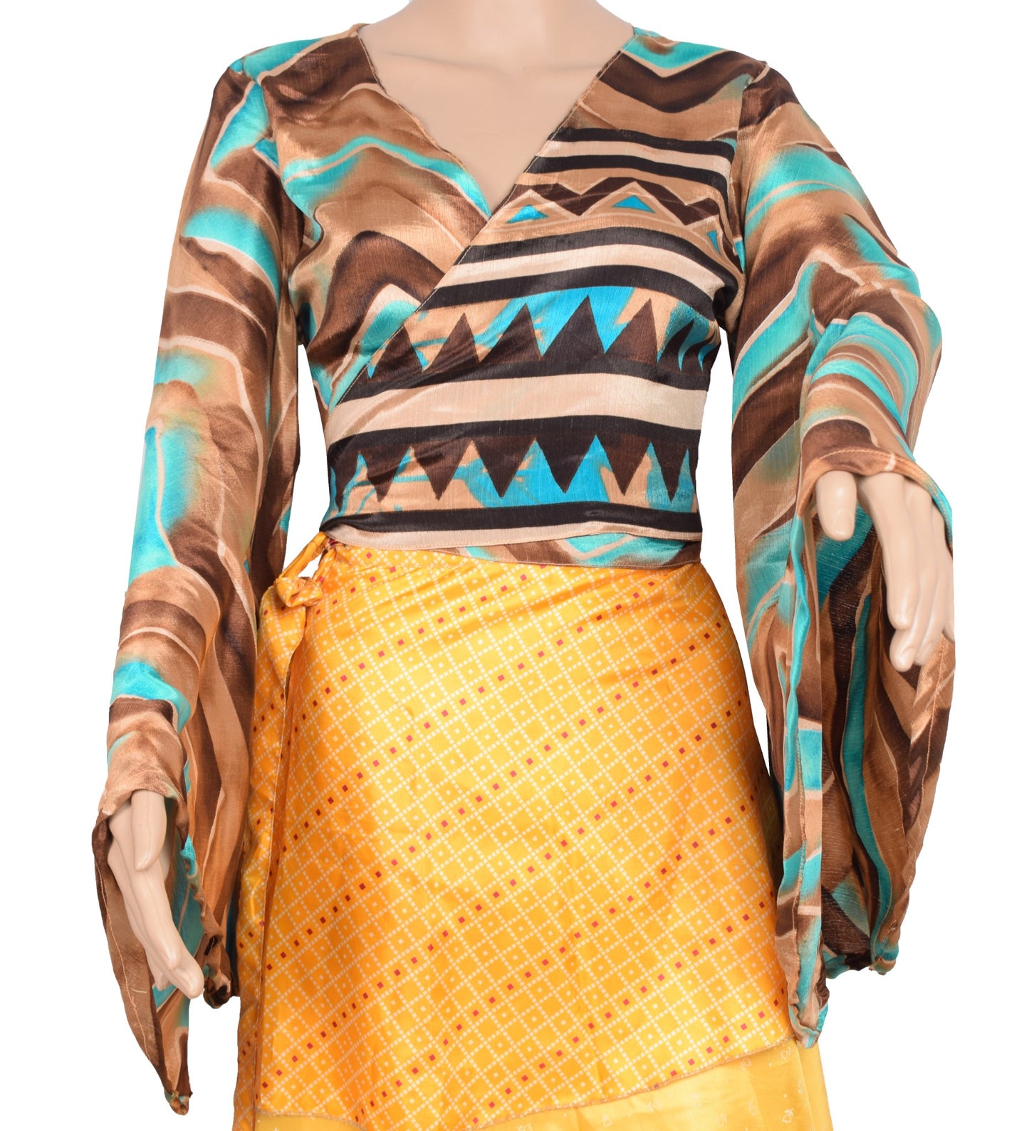 Sushila Vintage Bell Sleeve Bohemian NEW Recycled Silk Saree Top 70,s Retro