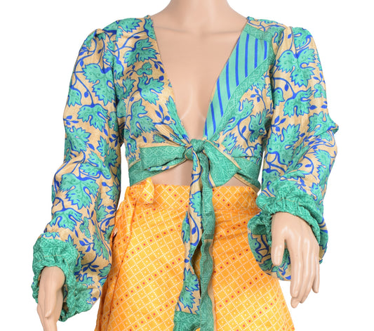 Sushila Vintage Balloon Sleeve Bohemian NEW Recycled Silk Saree Top Aqua Green