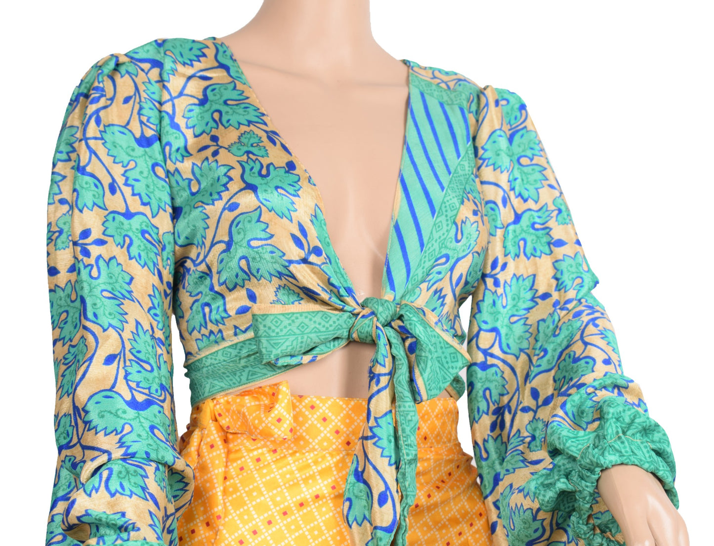 Sushila Vintage Balloon Sleeve Bohemian NEW Recycled Silk Saree Top Aqua Green