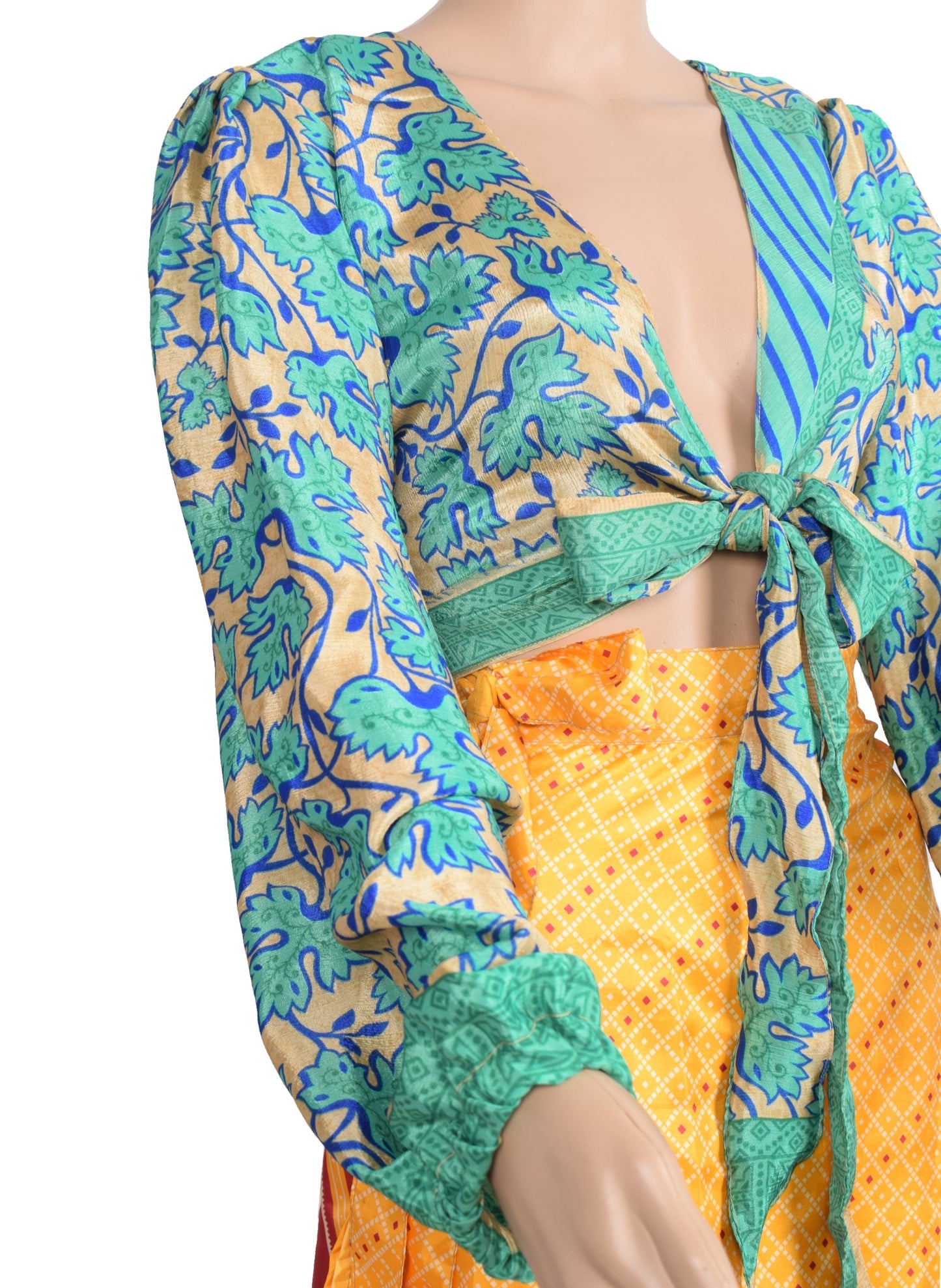Sushila Vintage Balloon Sleeve Bohemian NEW Recycled Silk Saree Top Aqua Green
