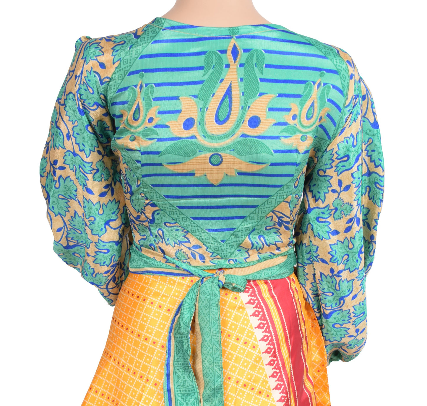 Sushila Vintage Balloon Sleeve Bohemian NEW Recycled Silk Saree Top Aqua Green