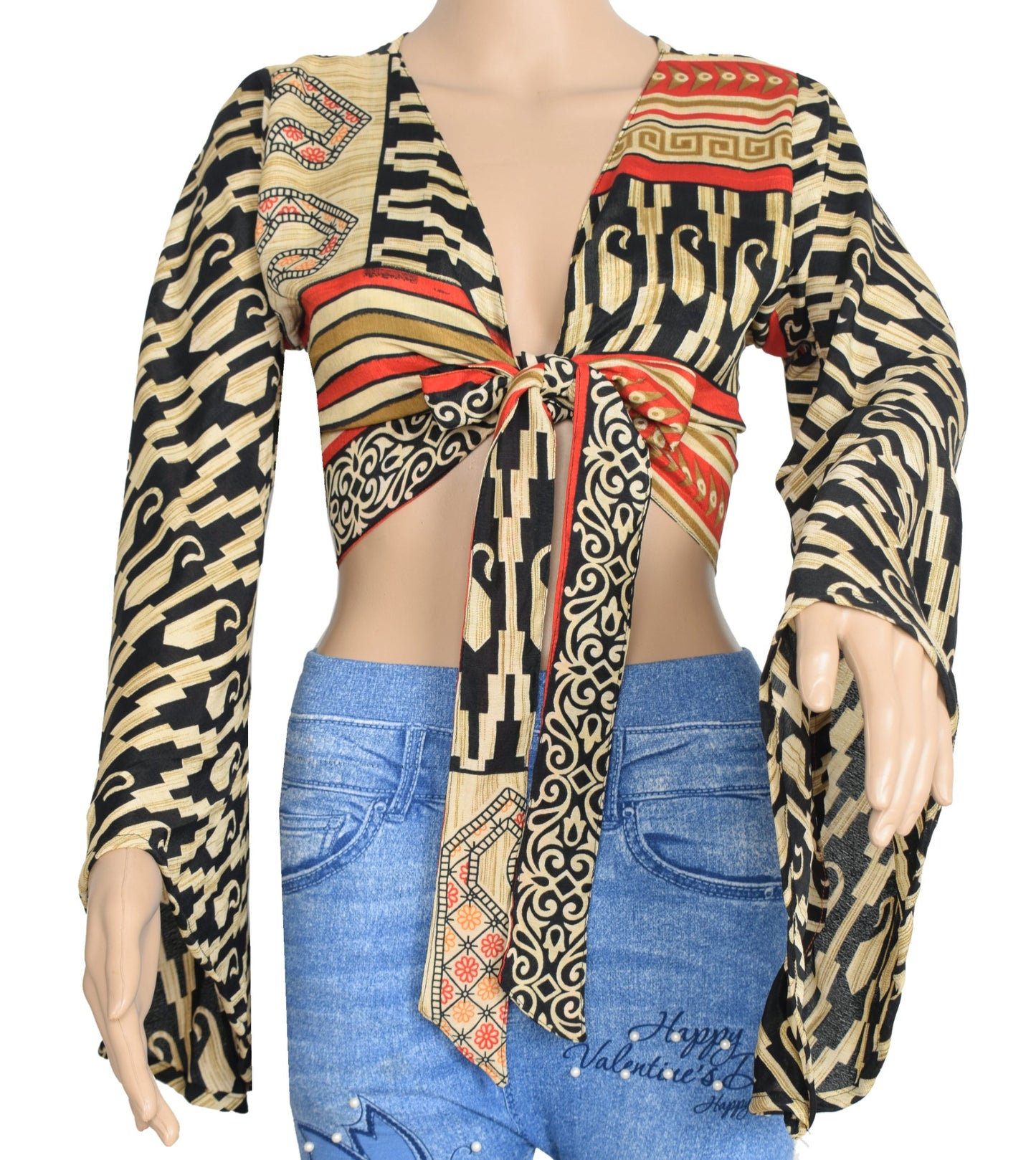 Sushila Vintage Bell Sleeve Bohemian NEW Recycled Black Cream Silk Saree Top