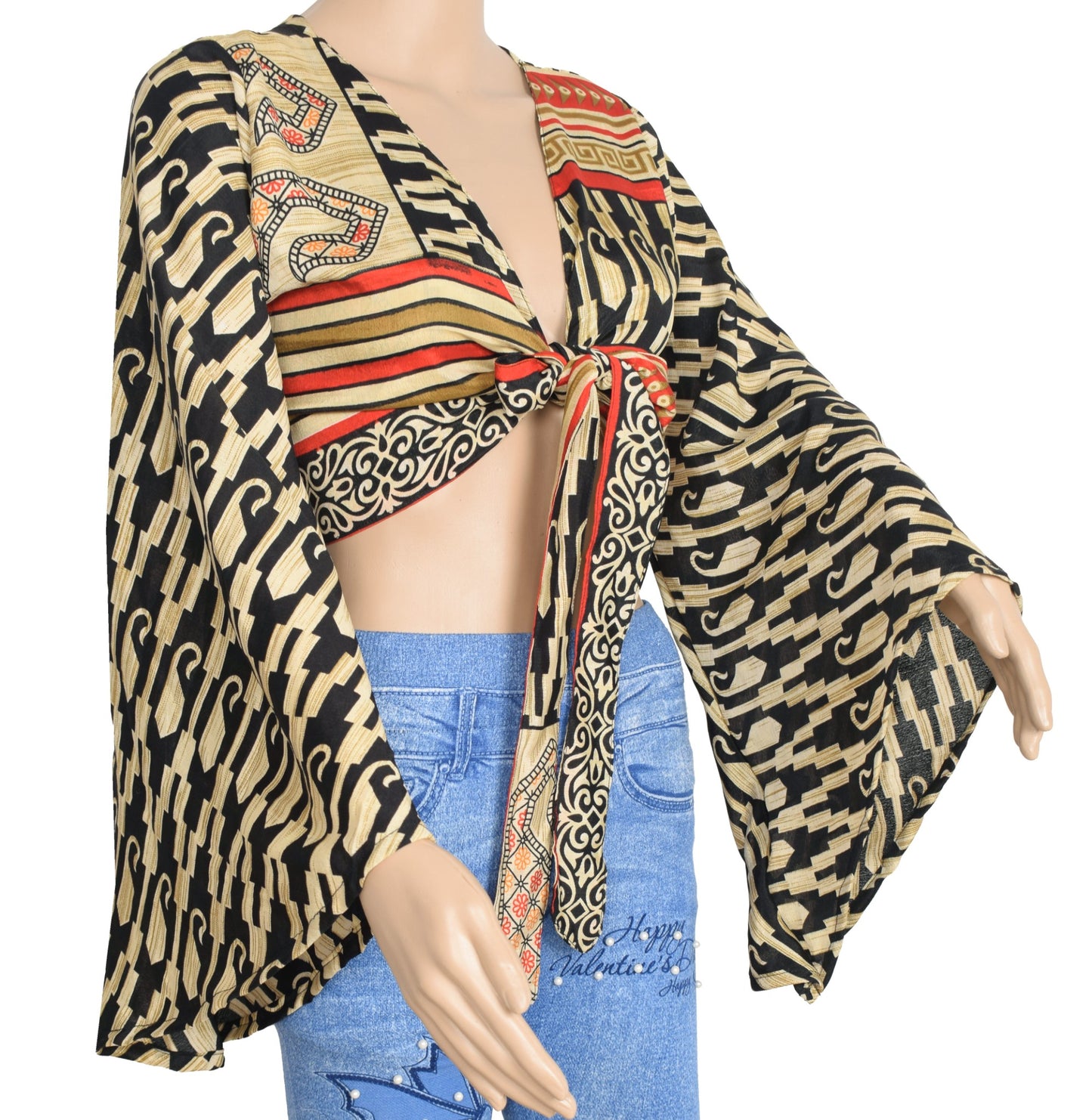 Sushila Vintage Bell Sleeve Bohemian NEW Recycled Black Cream Silk Saree Top