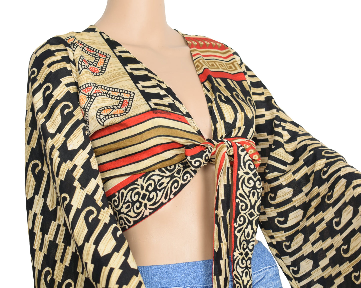 Sushila Vintage Bell Sleeve Bohemian NEW Recycled Black Cream Silk Saree Top