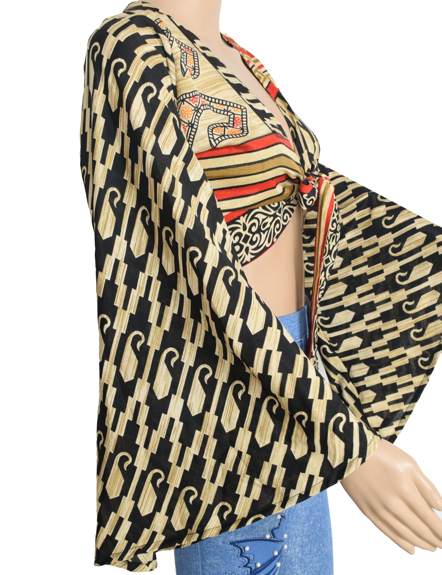 Sushila Vintage Bell Sleeve Bohemian NEW Recycled Black Cream Silk Saree Top